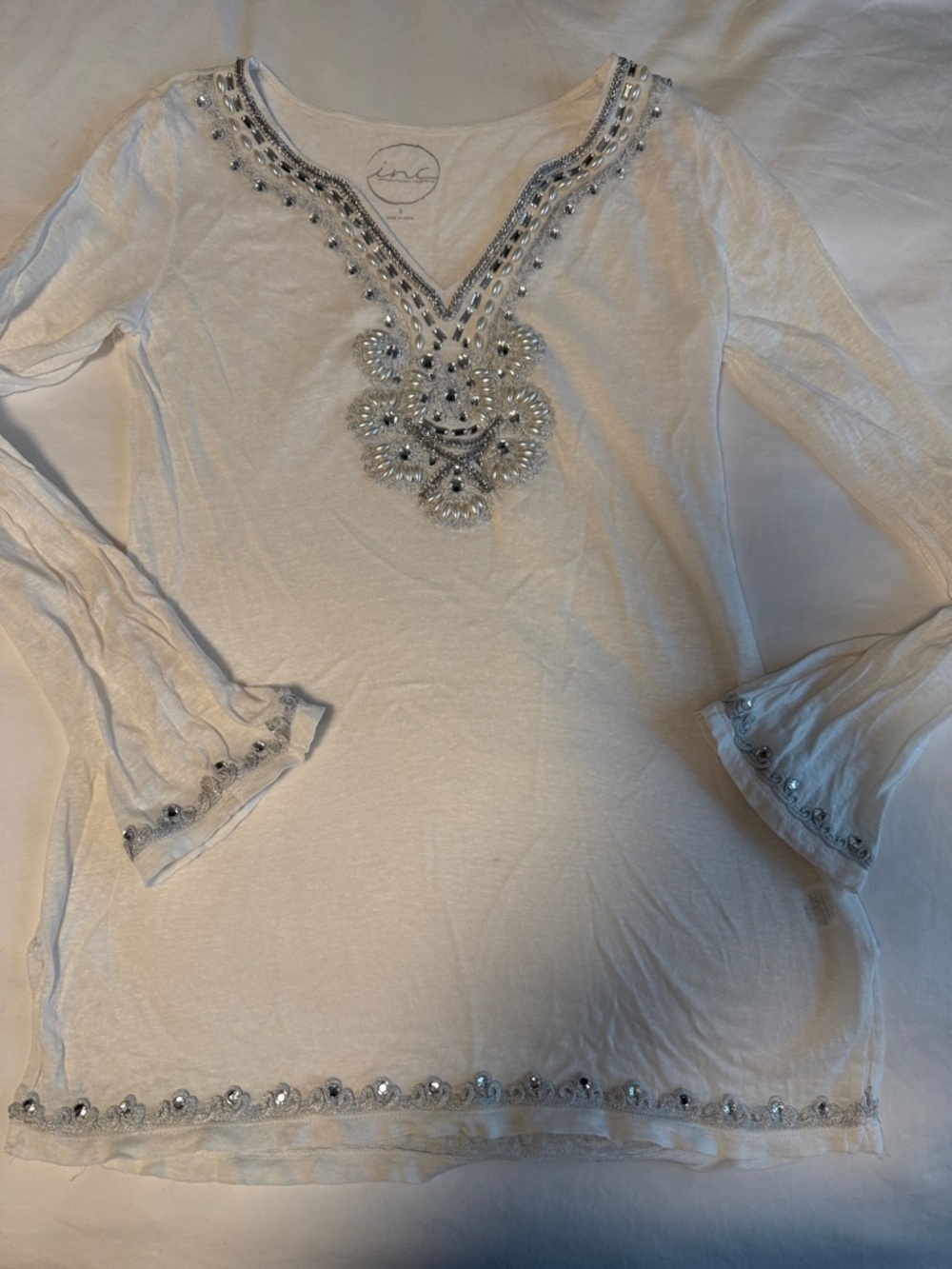 INC International Concepts White Embellished V-Neck Tunic
